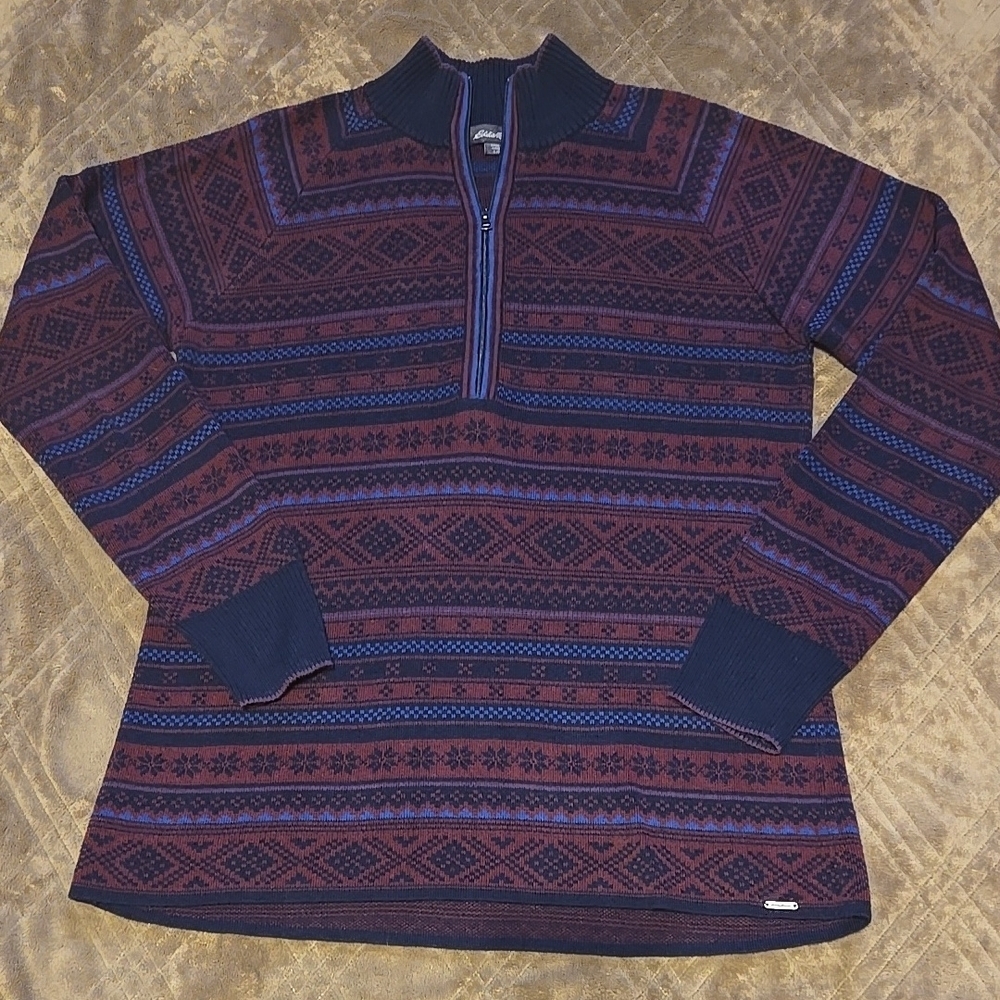 Eddie Bauer Red Blue Half-Zip Pullover Sweater Size Large